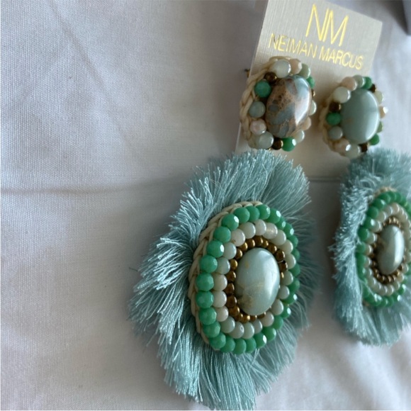 Neiman Marcus Statement Fran Drop Fringe Round Stone Bead Green Teal blue NWT - Picture 2 of 15
